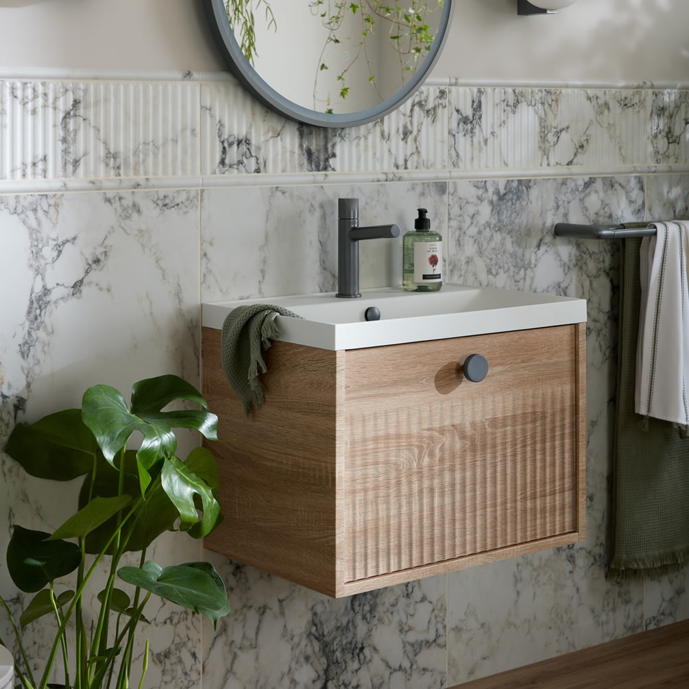 Vado Safari Fluted 600mm Natural Oak Wall Hung Vanity Unit & Mineral Basin - Lifestyle